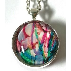 Alcohol Ink Paint Art 2-Sided Silver-Plate Glass Cabochon Pendant Necklace
